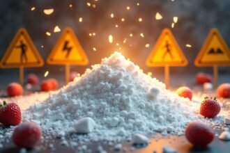 Veszélyes mesterséges édesítőszerek halmaza eperrel.