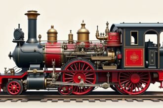 Színes gőzgép részlet, tűzhely és csövek kidolgozása