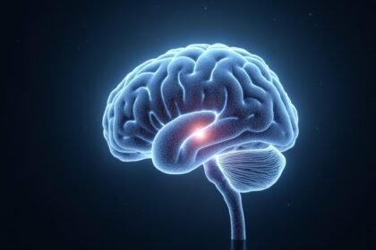 3D ábrázolás egy agyról, kiemelt fehérállománnyal.