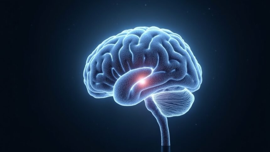 3D ábrázolás egy agyról, kiemelt fehérállománnyal.