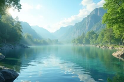 Gyönyörű tó a hegyek között, ahol a természet és a víz találkozik.