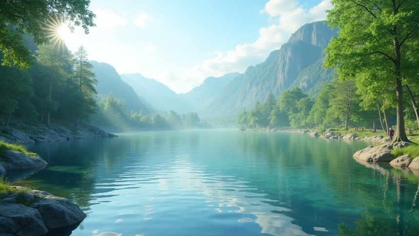 Gyönyörű tó a hegyek között, ahol a természet és a víz találkozik.