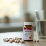 Mestinon gyógyszer üveg sárga tablettákkal és vízeskészlet.