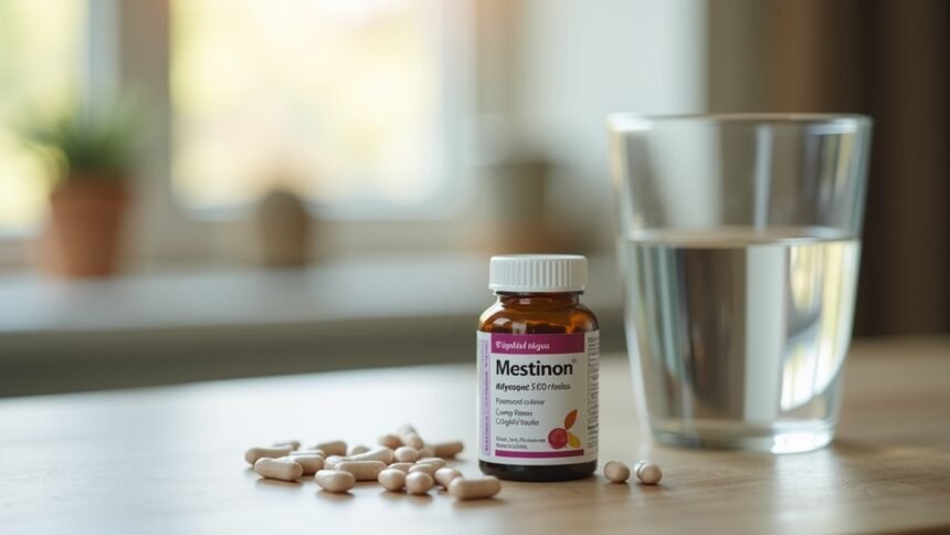 Mestinon gyógyszer üveg sárga tablettákkal és vízeskészlet.