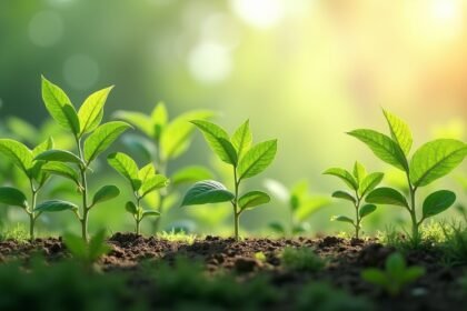 Friss, zöld növények a talajban napfényben növekednek.