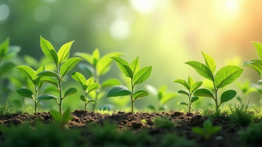 Friss, zöld növények a talajban napfényben növekednek.