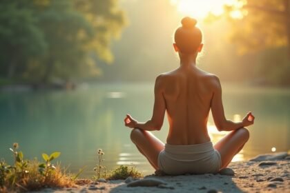 Nő meditál a vízparton, napfényben, autogén tréning