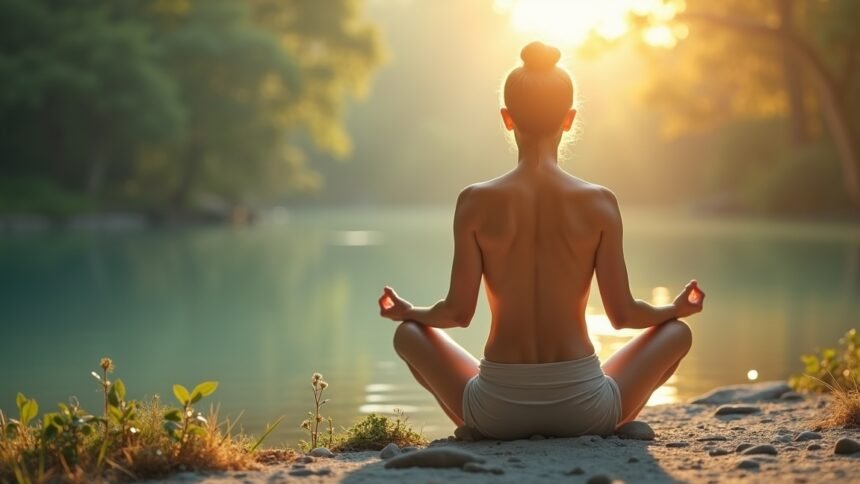 Nő meditál a vízparton, napfényben, autogén tréning