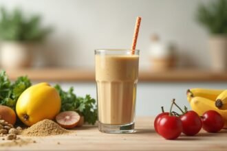 Egészséges kenderprotein turmix gyümölcsökkel és zöldségekkel.