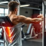 Fiatal férfi edzőteremben, hátfájdalom jelei láthatók edzés közben.