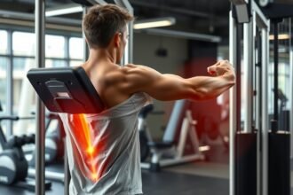 Fiatal férfi edzőteremben, hátfájdalom jelei láthatók edzés közben.