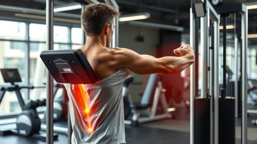 Fiatal férfi edzőteremben, hátfájdalom jelei láthatók edzés közben.