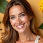 Fiatal nő ragyogó arccal napraforgók között, természetes bőrápolás.