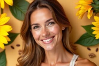 Fiatal nő ragyogó arccal napraforgók között, természetes bőrápolás.