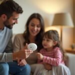 Család együtt szén-monoxid érzékelőt nézve otthon.