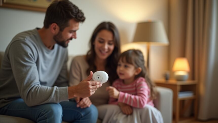 Család együtt szén-monoxid érzékelőt nézve otthon.