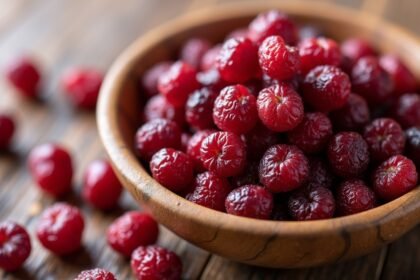 Aszalt vörösáfonya tálban, antioxidánsokkal és rostokkal gazdag.