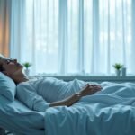 Fekvő személy kórházi ágyon, világos szobában