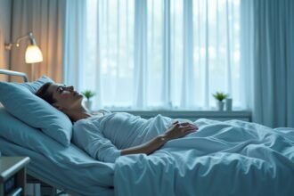 Fekvő személy kórházi ágyon, világos szobában