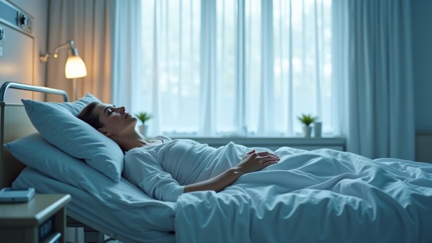 Fekvő személy kórházi ágyon, világos szobában