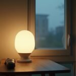 Germicid lámpa világít egy asztalon, tavaszi fényben.