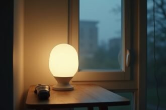 Germicid lámpa világít egy asztalon, tavaszi fényben.