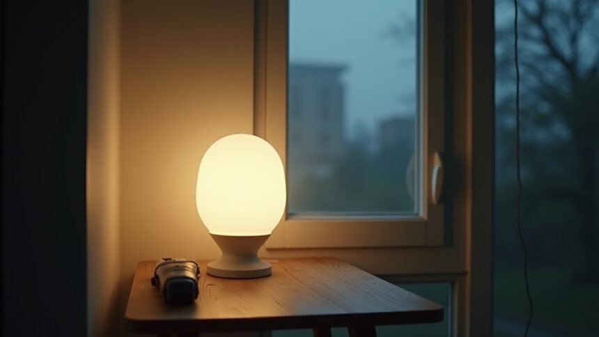 Germicid lámpa világít egy asztalon, tavaszi fényben.