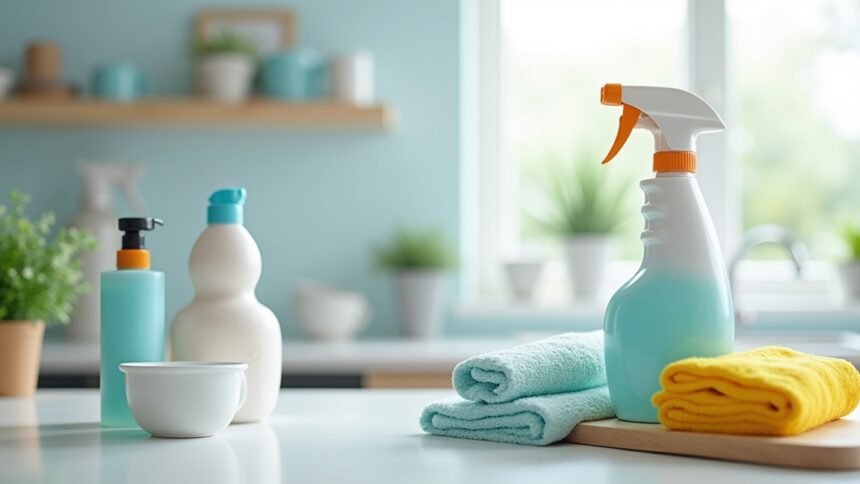 Fertőtlenítőszerek és törölközők melletti tiszta konyhai háttér