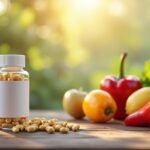 Mágnesium kapszulák friss zöldségekkel az egészség érdekében.