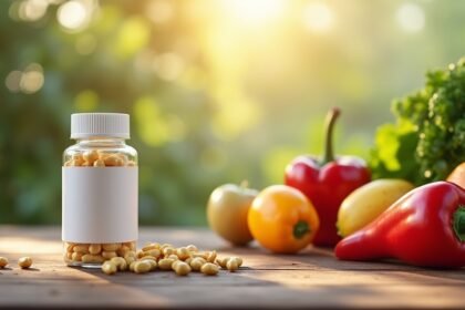 Mágnesium kapszulák friss zöldségekkel az egészség érdekében.