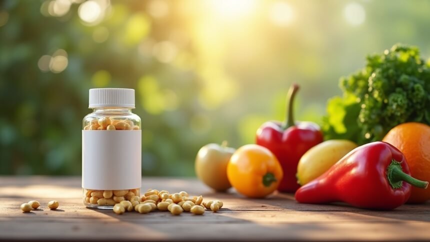 Mágnesium kapszulák friss zöldségekkel az egészség érdekében.