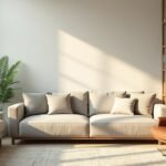 Modern nappali berendezés növényekkel és kényelmes bútorokkal.