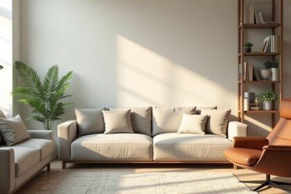 Modern nappali berendezés növényekkel és kényelmes bútorokkal.