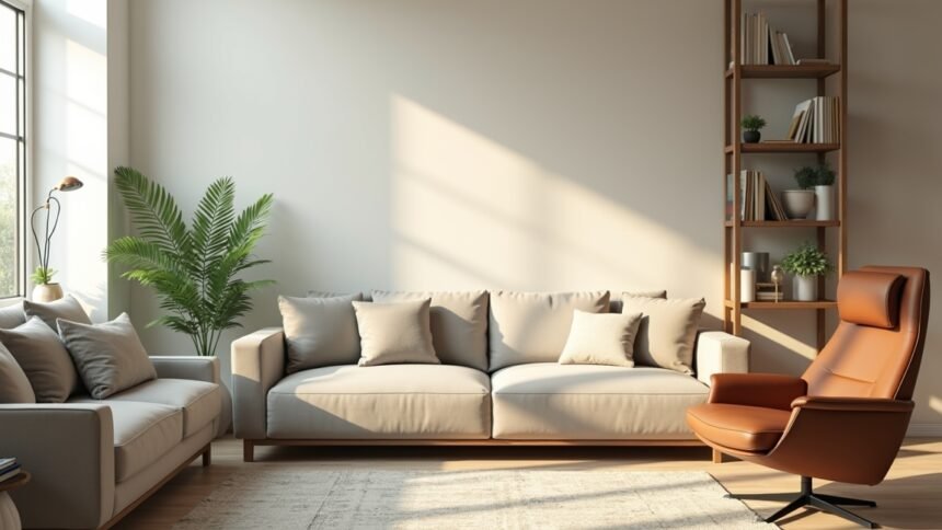 Modern nappali berendezés növényekkel és kényelmes bútorokkal.