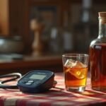 Pálinka és vérnyomásmérő egy asztalon, egészségügyi összefüggés