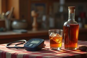 Pálinka és vérnyomásmérő egy asztalon, egészségügyi összefüggés