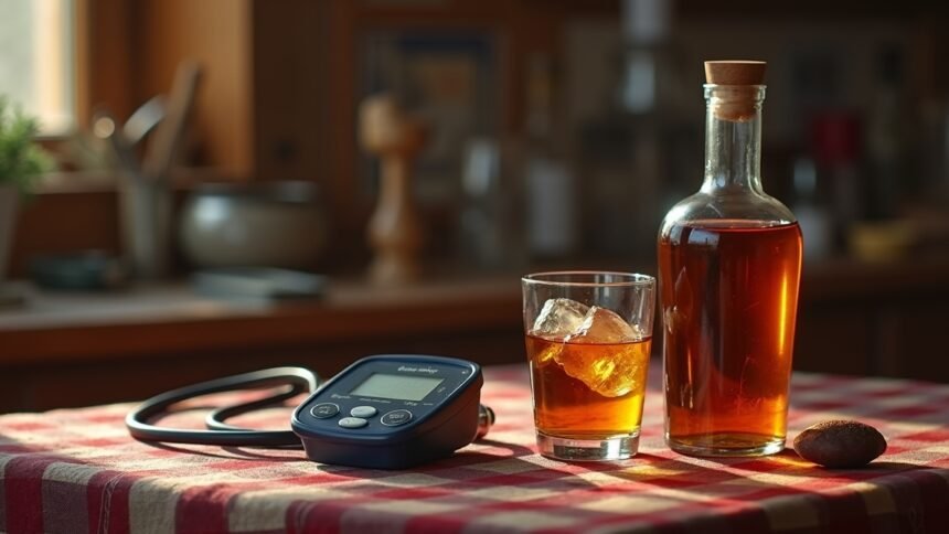 Pálinka és vérnyomásmérő egy asztalon, egészségügyi összefüggés
