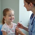 Gyermek bárányhimlő elleni oltás beadása orvosi rendelőben.