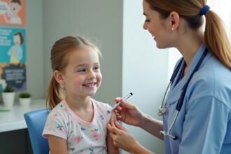 Gyermek bárányhimlő elleni oltás beadása orvosi rendelőben.