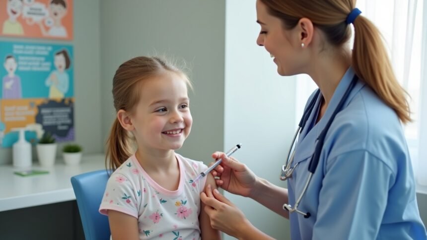 Gyermek bárányhimlő elleni oltás beadása orvosi rendelőben.