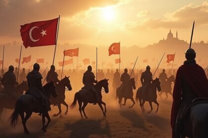 Török hadjárat 1552: katonák zászlókkal a naplementében