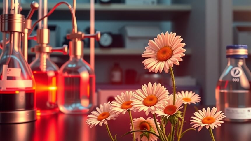 Százszorszépek laboratóriumi környezetben gamma sugarak hatásának vizsgálatára.