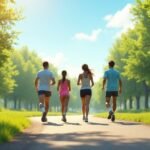 Négy fiatal gyorsan gyalogol egy zöld parkban