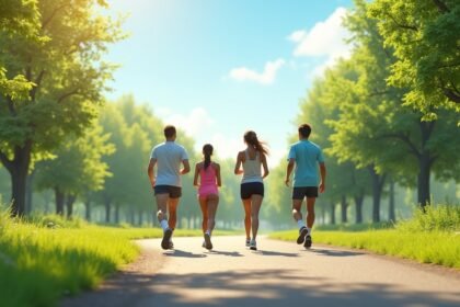 Négy fiatal gyorsan gyalogol egy zöld parkban