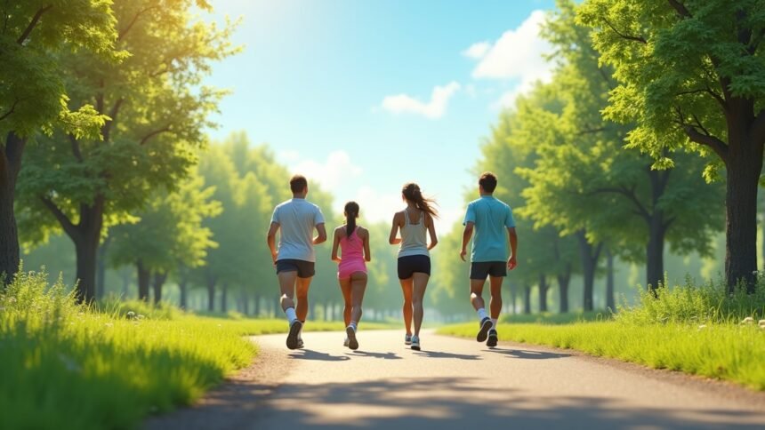 Négy fiatal gyorsan gyalogol egy zöld parkban