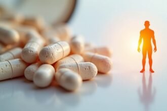 Kalcium-citrát kapszulák és emberi sziluett, egészséges csontokért.