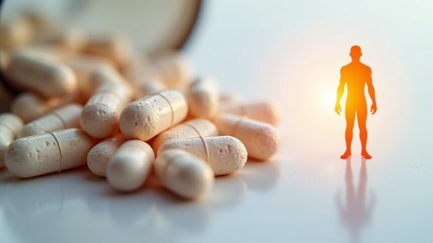 Kalcium-citrát kapszulák és emberi sziluett, egészséges csontokért.