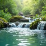 Természetes vízfolyás zöld növényzettel és kövekkel körülvéve.