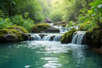 Természetes vízfolyás zöld növényzettel és kövekkel körülvéve.