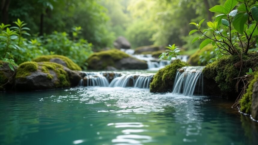 Természetes vízfolyás zöld növényzettel és kövekkel körülvéve.